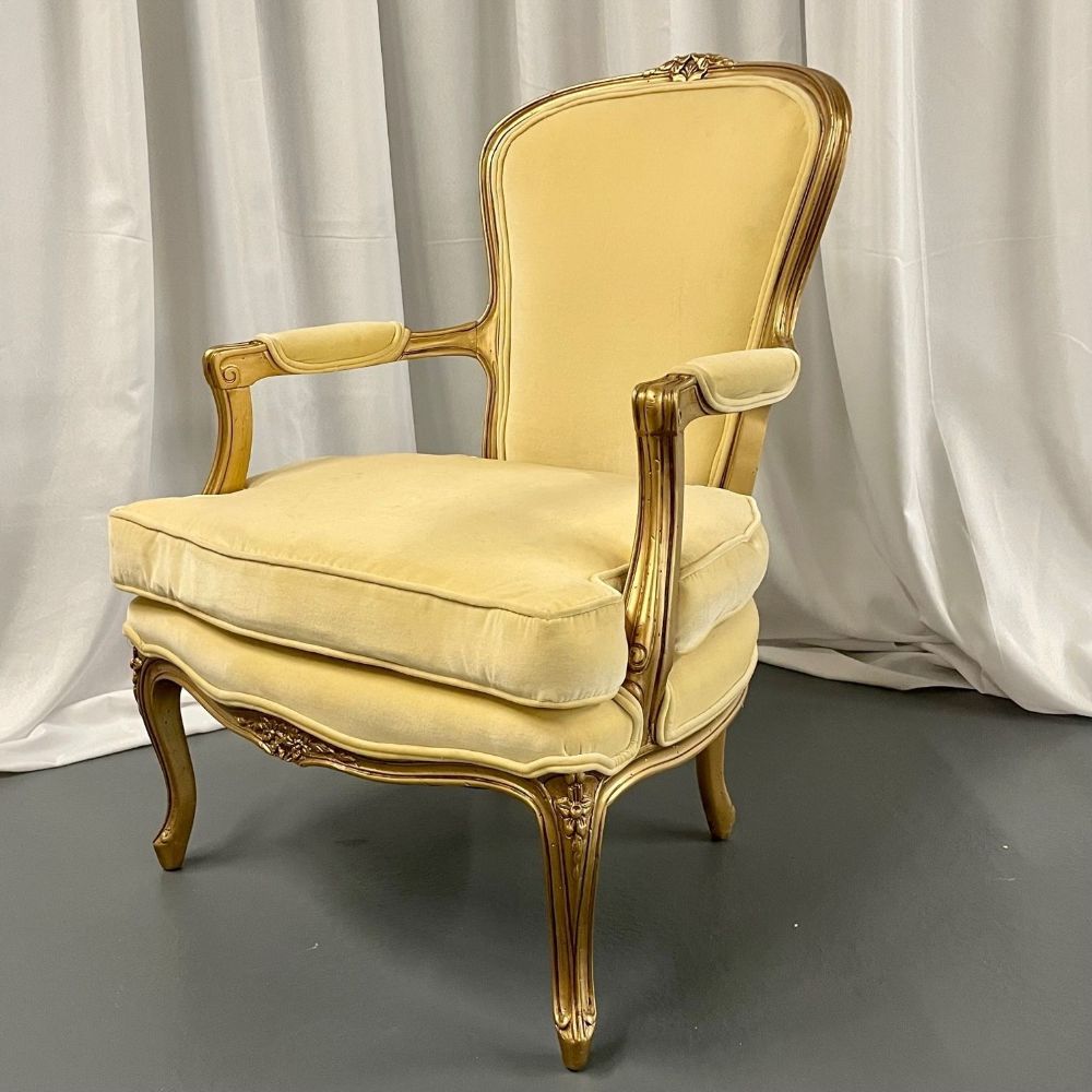 French Louis XVI Jansen Style Bergere, Arm / Accent Chair, Velvet, Giltwood