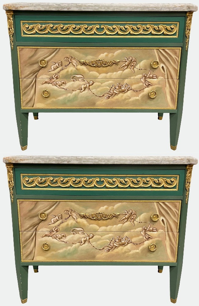 Paint Decorated Hollywood Regency Marble-Top Commodes Manner of M. Jansen, Pair