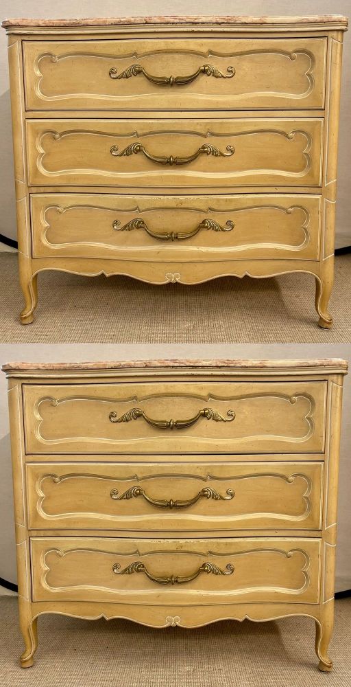 Pair Of Louis XV Style Grosfeld House Marble-Top Distressed Four-Drawer Commodes