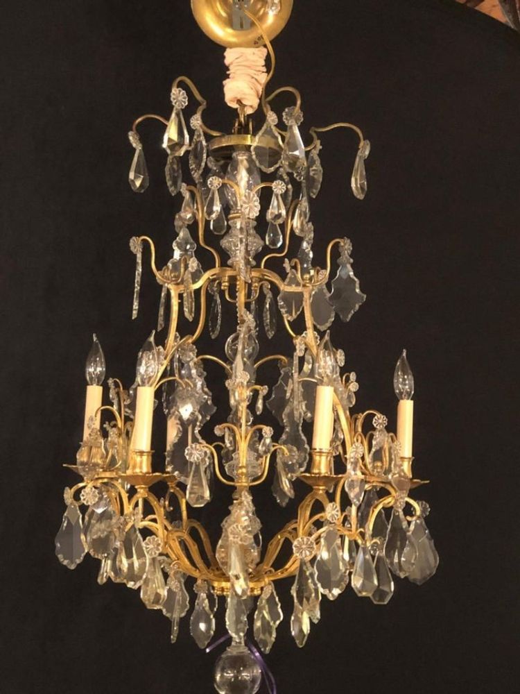 French Six-Light Cut Crystal and Brass Chandelier Newly Wired