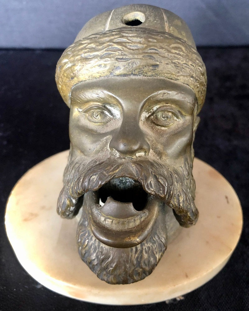 Bronze Sculpture Head Cigar Cutter on Marble Base, Tobacco Collectibles