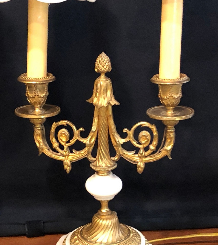 Pair of French Louis XVI Style Dore Bronze and Marble Candelabra or Table Lamps