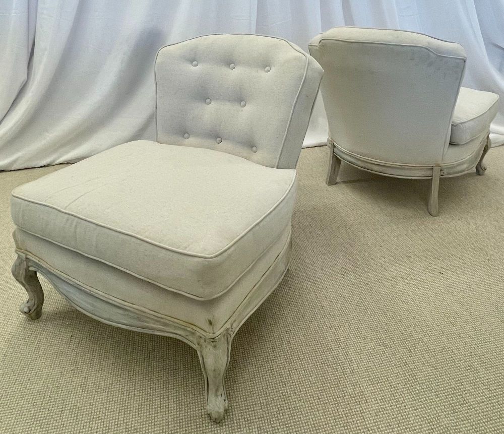 Pair Gustavian Style Slipper Chairs, Swedish Style Paint Decorated, Distressed, Linen