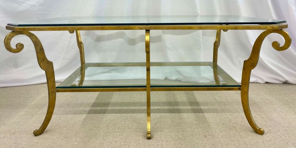 Neoclassical Style Large Gilt Metal Frame Coffee Table, Glass Top, French