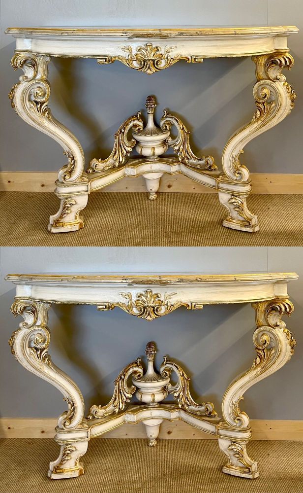 Pair of Italian Parcel Paint and Gilt Decorated Faux Marble-Top Console Tables