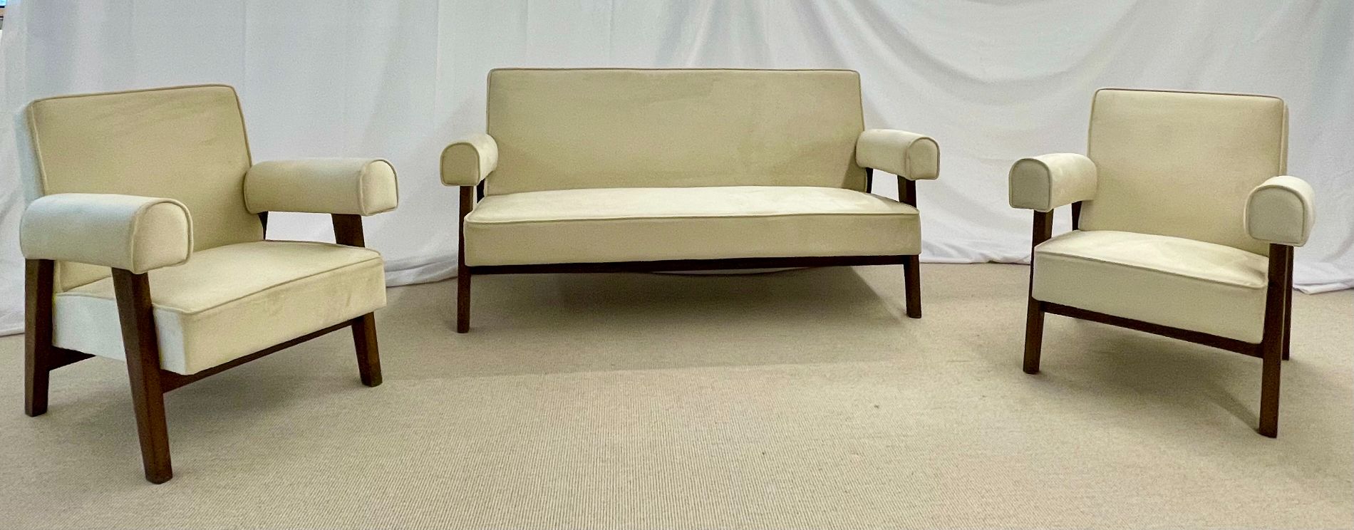 Pierre Jeanneret, French Mid-Century Modern, Bridge Sofa Set, Teak, Suede