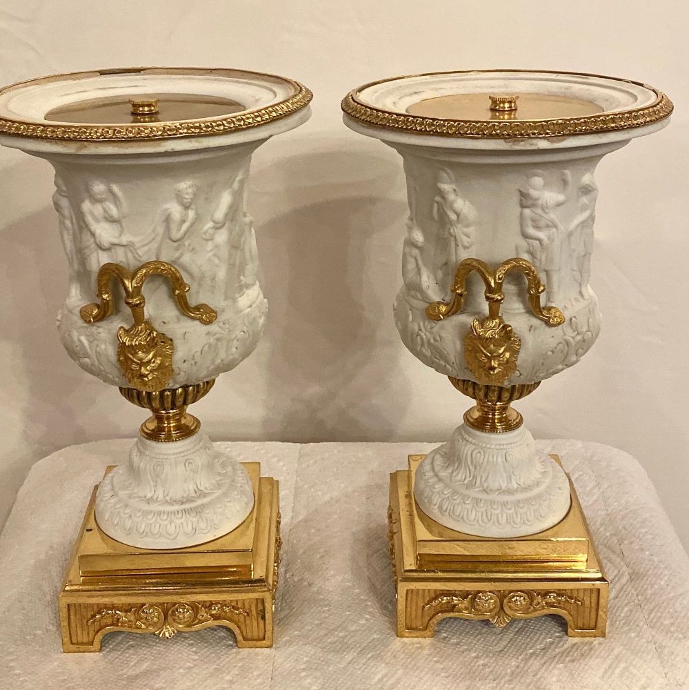 Neoclassical Sevres Parian and Doré Bronze Mounted Urns or Vases 1920s a Pair