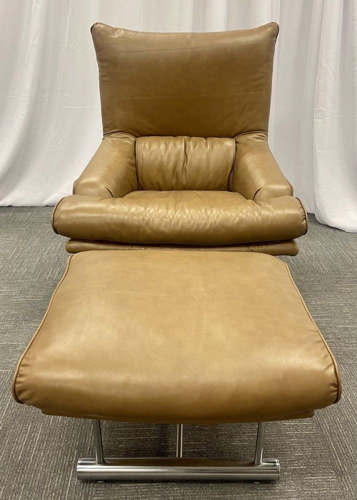 Vintage Leather Swivel, Lounge Chair With Ottoman, Percival Lafer Style, Steel