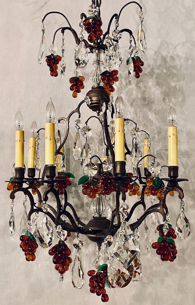 French Bronze Patina 9-Light Chandelier Cut Crystal & Glass Fruit Decorations