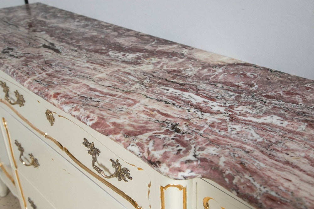 Custom Quality White Marble-Top Paint Decorated and Giltwood Sideboard Dresser