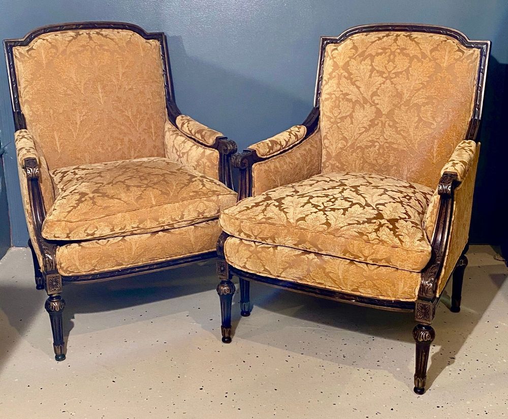 Pair of Jansen Style Fauteuils or Armchairs, Louis XVI Form with Velvet Fabric