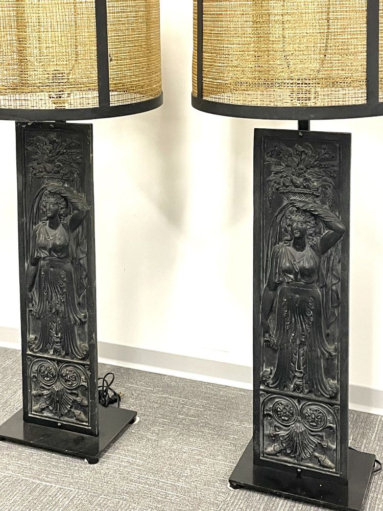 Pair of Giacometti Style Palatial Table Lamps, Custom Shades, Grecian, Metal