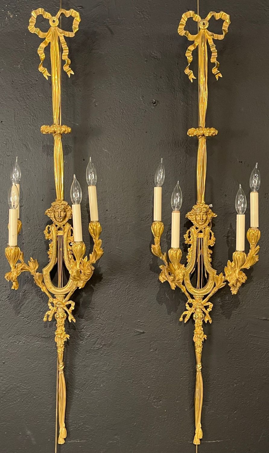 Pair of Louis XVI Style Doré Bronze Sconces Monumental Ribbon and Tassel Form