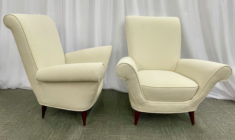 Paolo Buffa Style, Mid-Century Modern, White Bouclé, Lounge Chairs