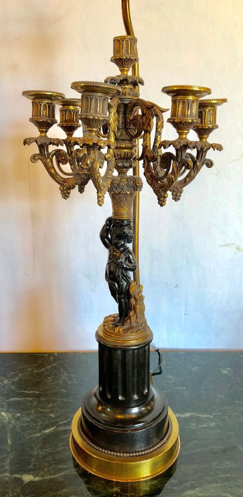 Pair of Antique Bronze Cherub Candelabras on Marble Vases with Custom Shades