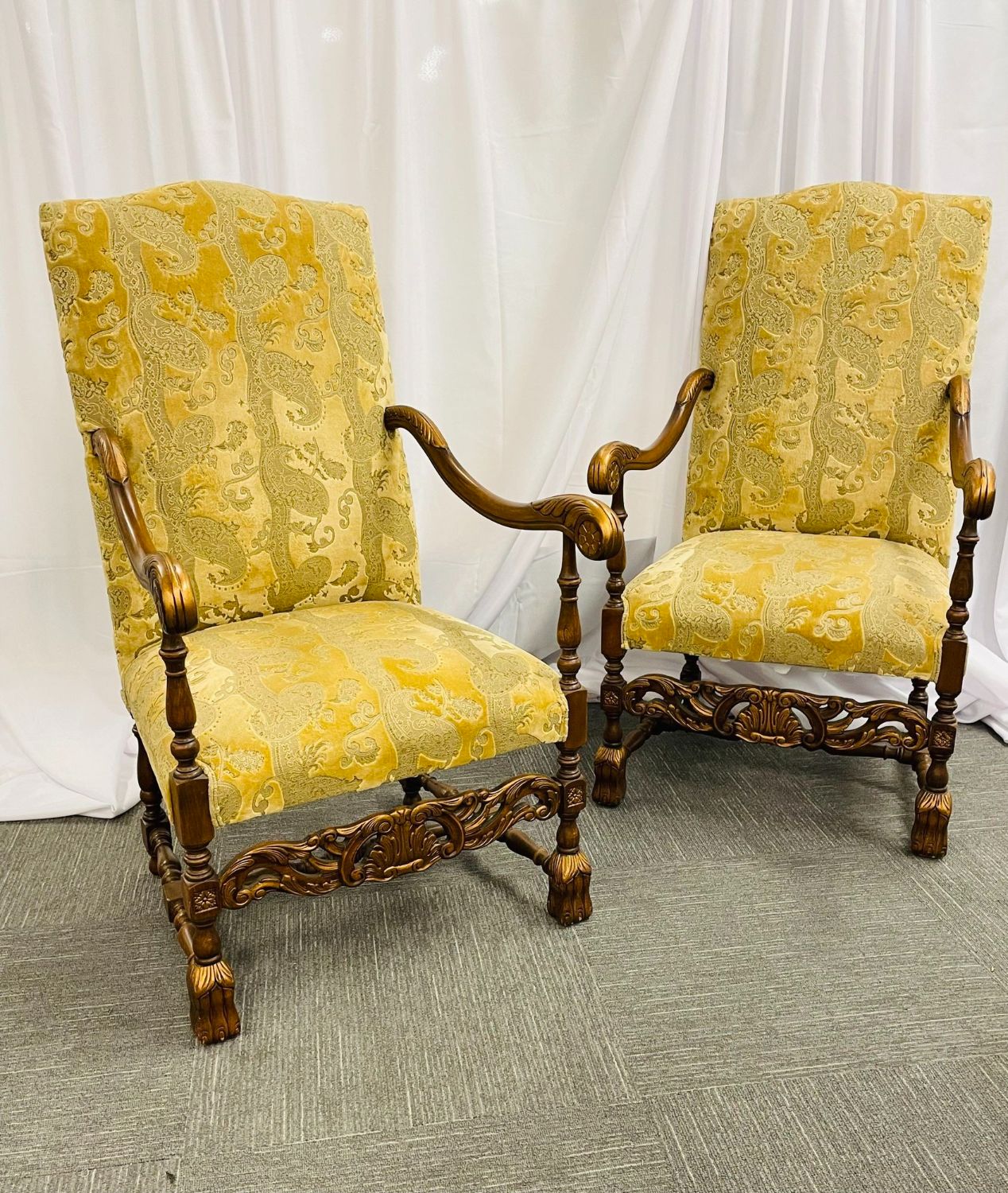 Pair of Throne Chairs, Fauteuils in Louis XIV Fashion, Fine Upholstery