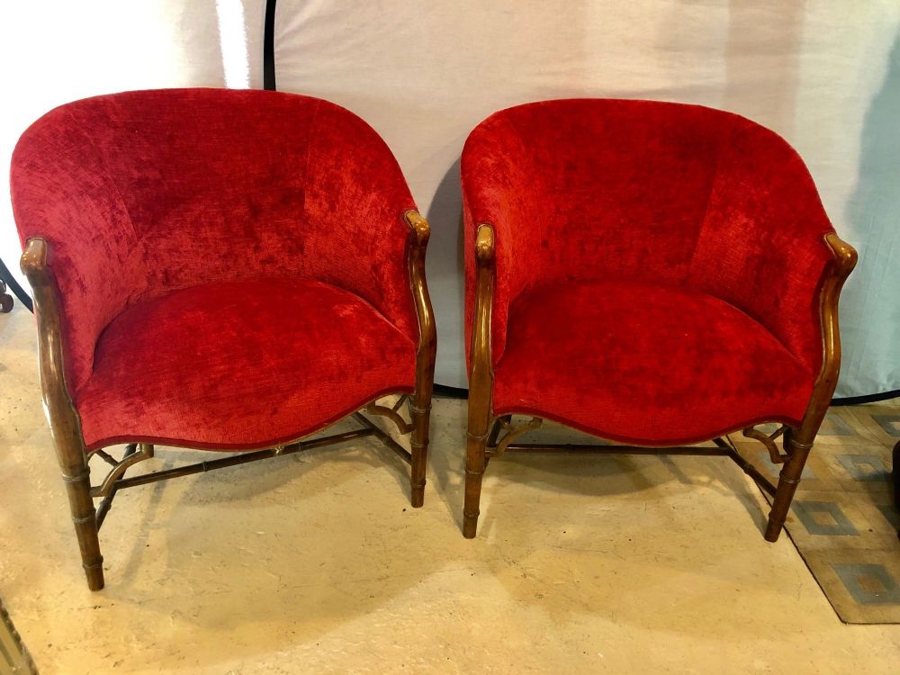 Pair of Bamboo Legged Cherry Red Velour 19th-20th Century Barrel Back Chairs