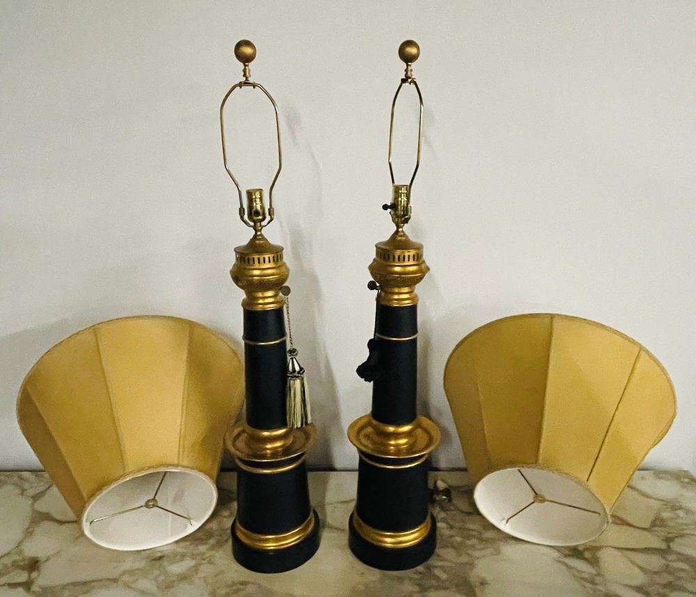 Pair of Hollywood Regency Style Table Lamps with Custom Shades, Ebony and Gilt