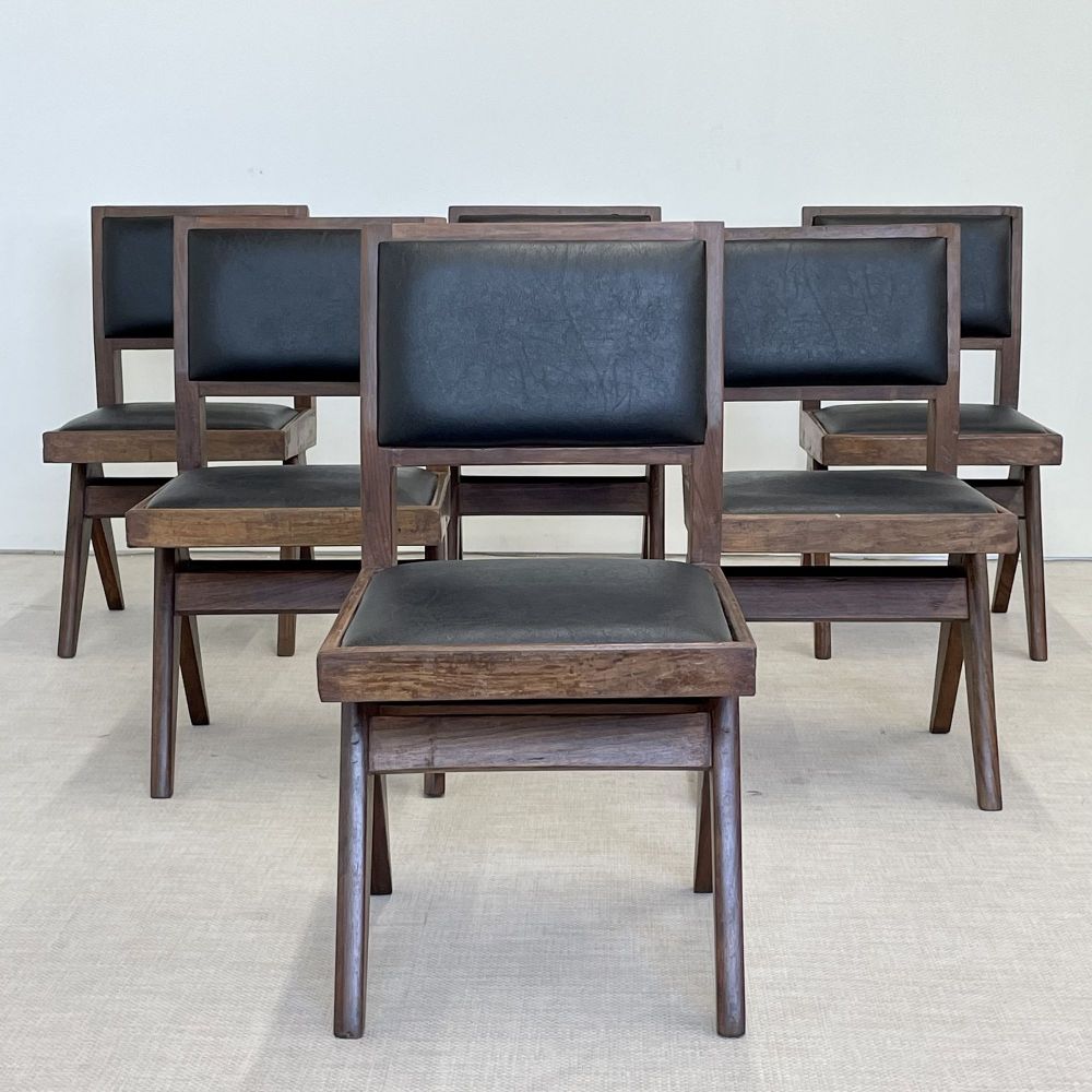 Pierre Jeanneret, French Mid-Century Modern, Six Armless Dining Chairs, Chandigarh