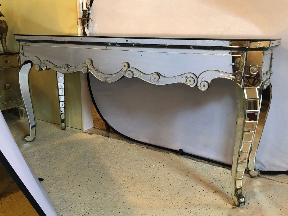 Hollywood Regency Mirrored Console with Applied Decoration and Cabriolet Legs