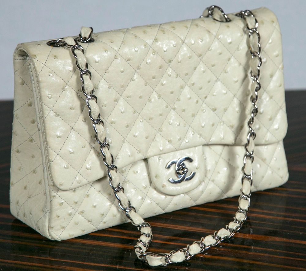 Chanel Handbag Pocketbook Beige Ostrich Jumbo Classic Pristine Purse