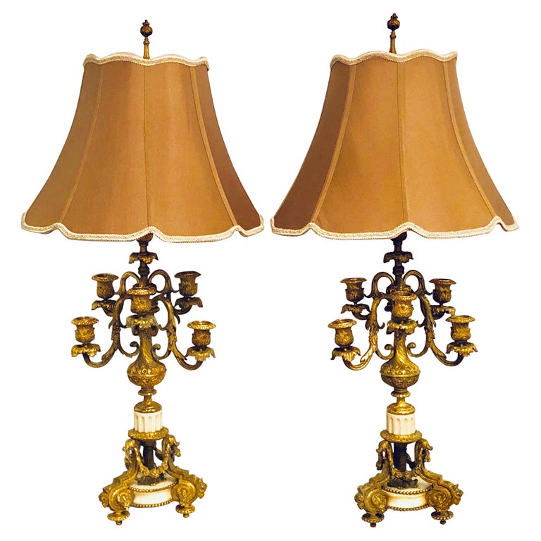 Pair of 19th Century Doré Bronze 7-Light Marble Base Candelabras Mounted as Lamp