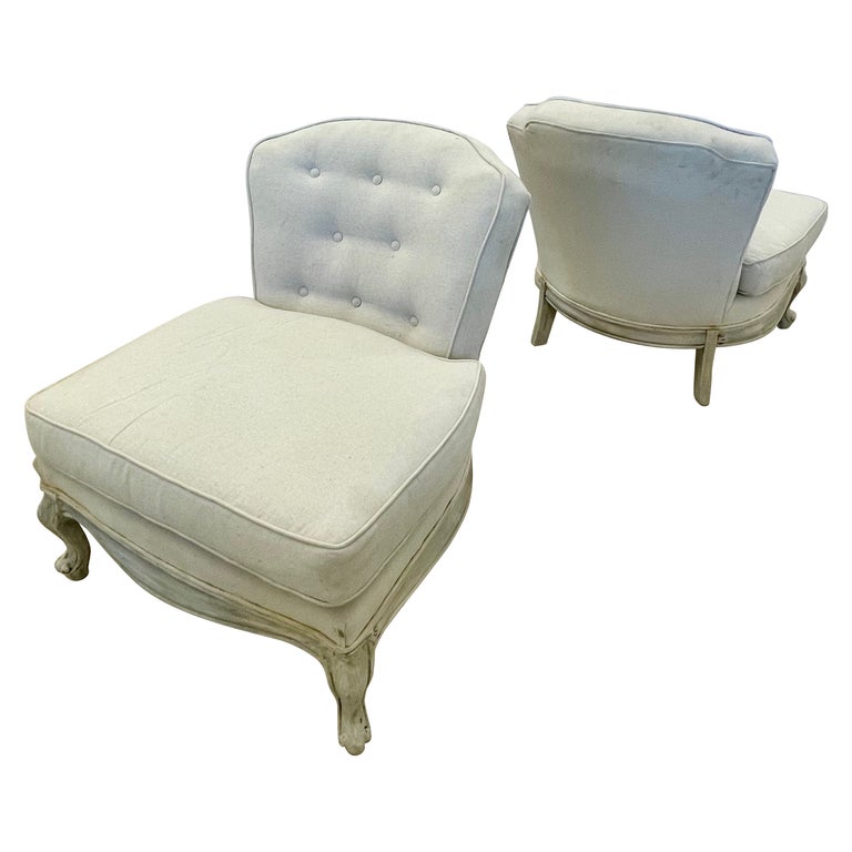 Pair Gustavian Style Slipper Chairs, Swedish Style Paint Decorated, Distressed, Linen