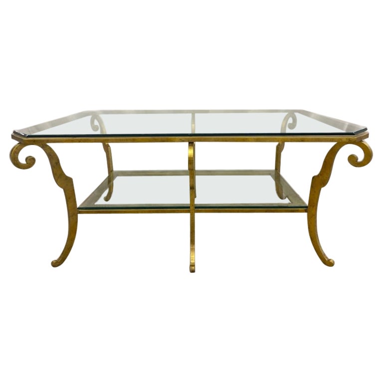 Neoclassical Style Large Gilt Metal Frame Coffee Table, Glass Top, French