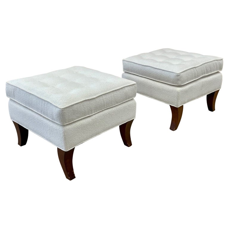 Mid-Century Modern American Designer Tufted Ottomans, Stools, Walnut, Bouclé