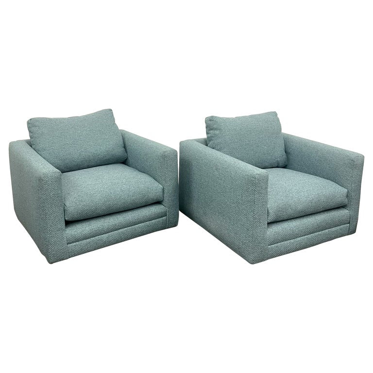 Pair Teal Milo Baughman Style Mid Century Modern Lounge Chairs, Swivel, Square