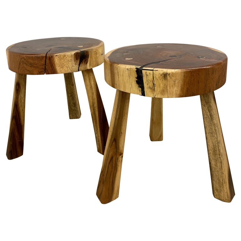 Pair Mid-Century Modern Nakashima Style Organic Wooden Two Stools / Side Tables