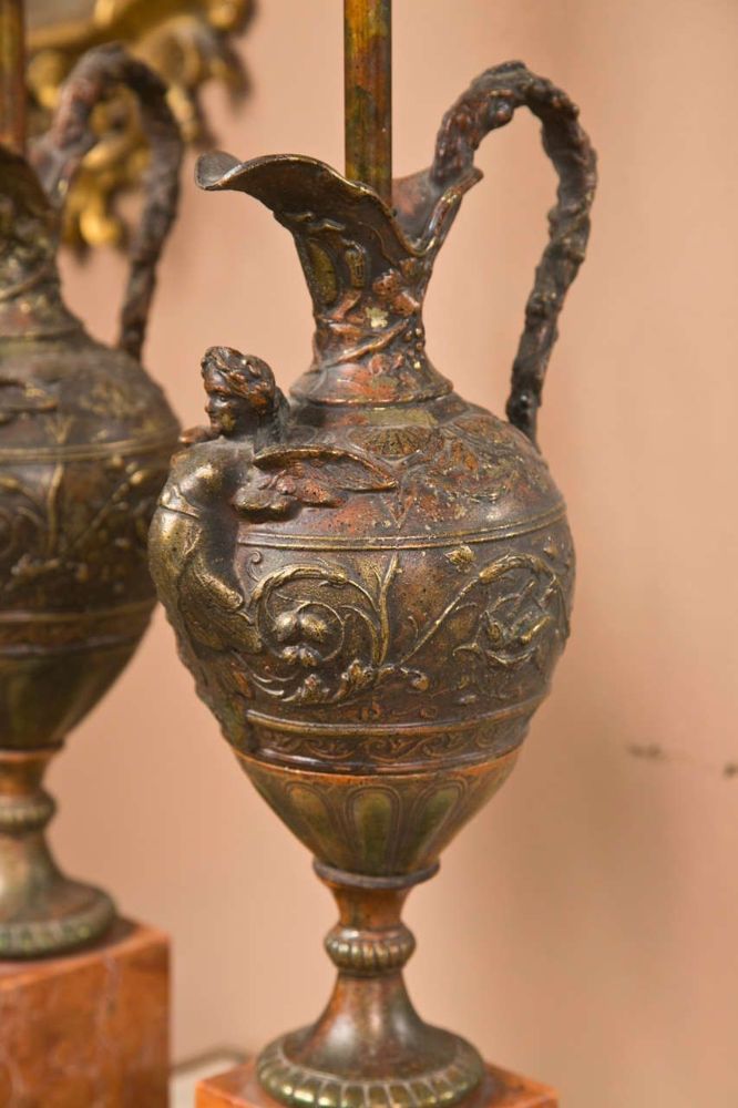 Pair of Bronze Ewers Mounted as Lamps