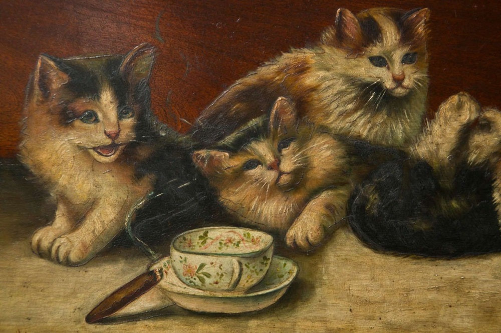 Antique Playful Kittens, Oil on Board Painting, Framed, Signed Dated 19092250