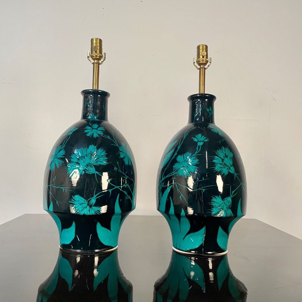 Pair of Mid-Century Modern Ceramic Floral Motif Table Lamps, Green and Blue