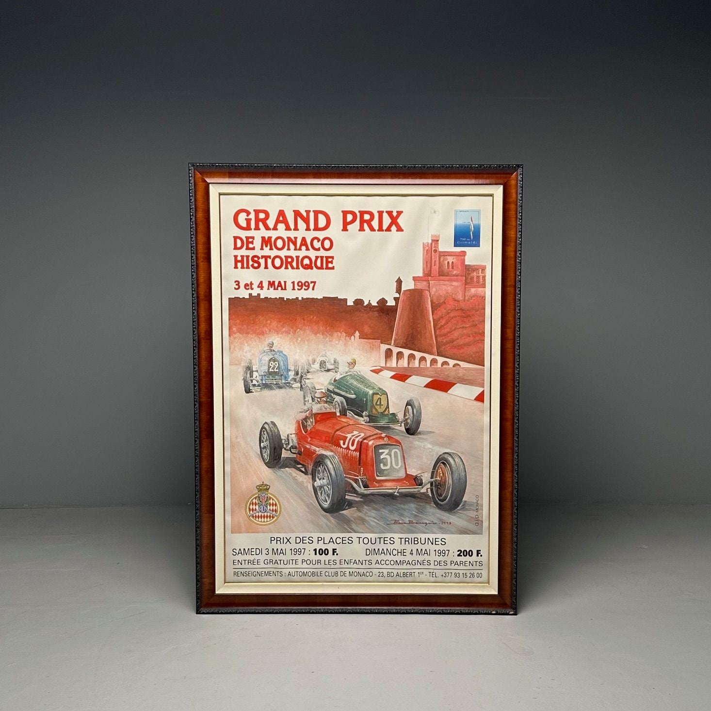 French Mid-Century Modern, Large Framed Racing Poster, Monaco Grand Prix, 1997