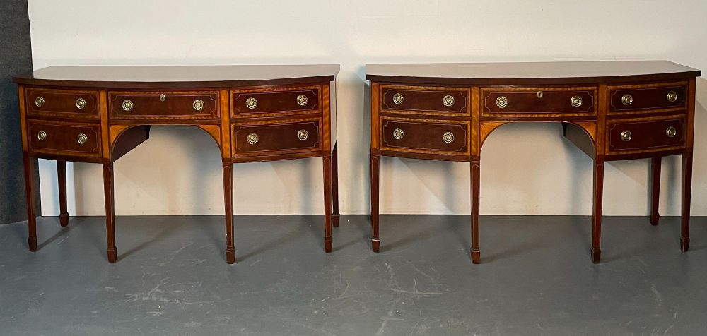 Pair of Baker Mahogany Satinwood Sideboards, Historic Charleston, Bow Front