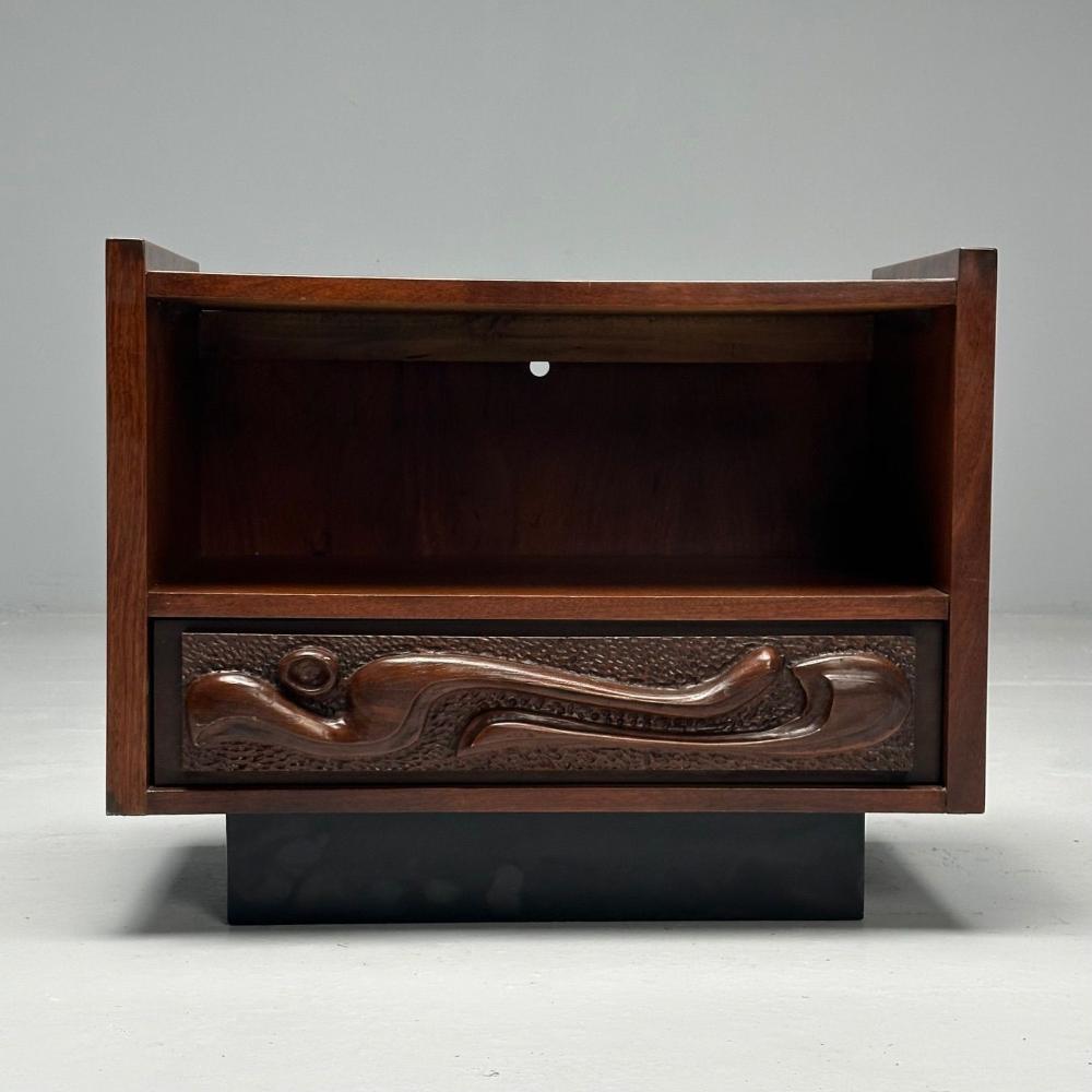 Pulaski, Brutalist Mid-Century Modern, Oceanic Nightstand, Sculpted Walnut, 1960s