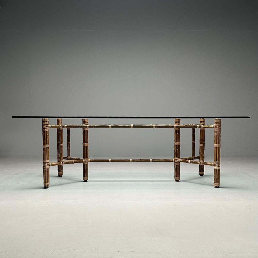 McGuire, Mid-Century Modern, Glass Top Dining Table, Bamboo, Rattan, 1970s