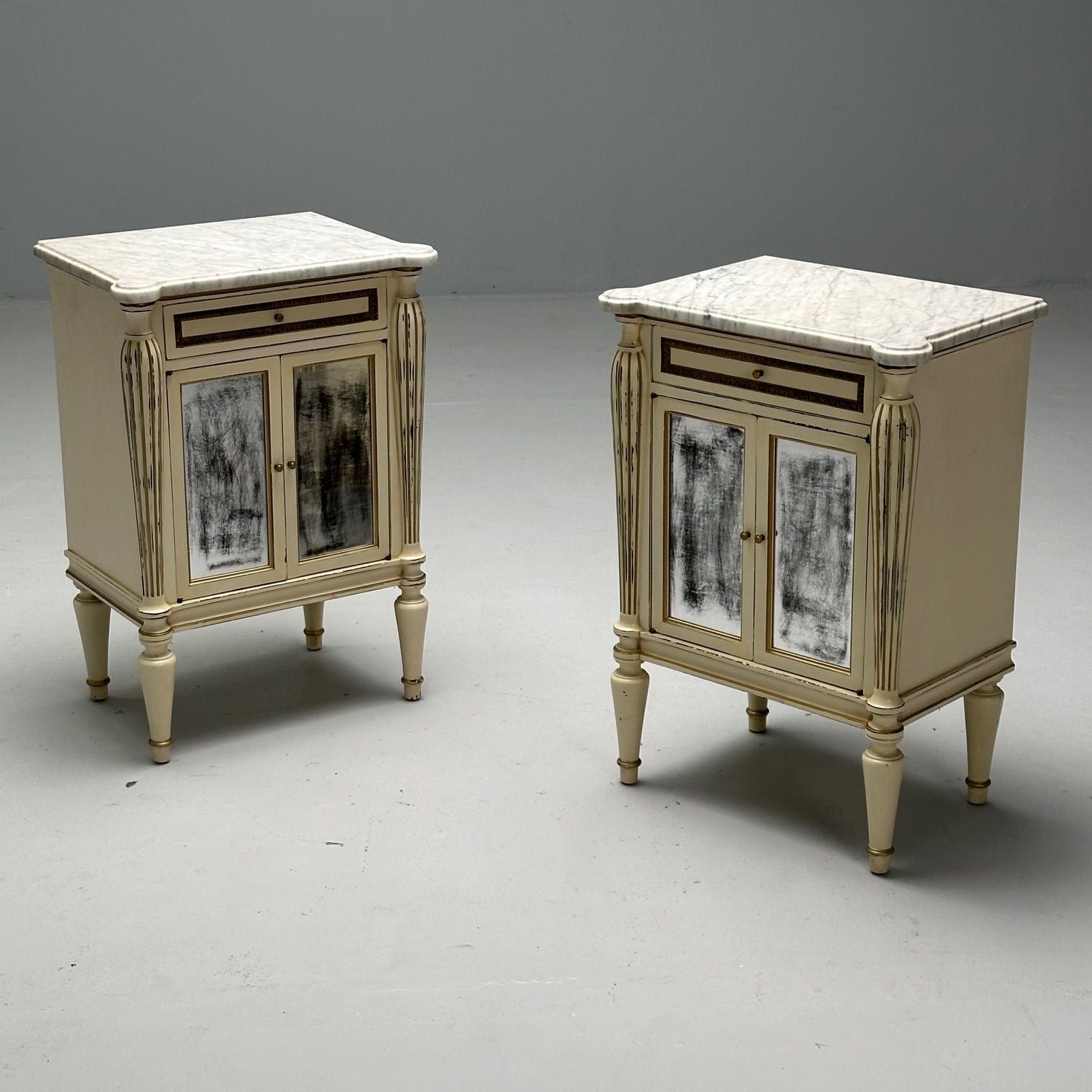 Maison Jansen, Hollywood Regency, Side Table Cabinets, Distressed Mirror, Marble