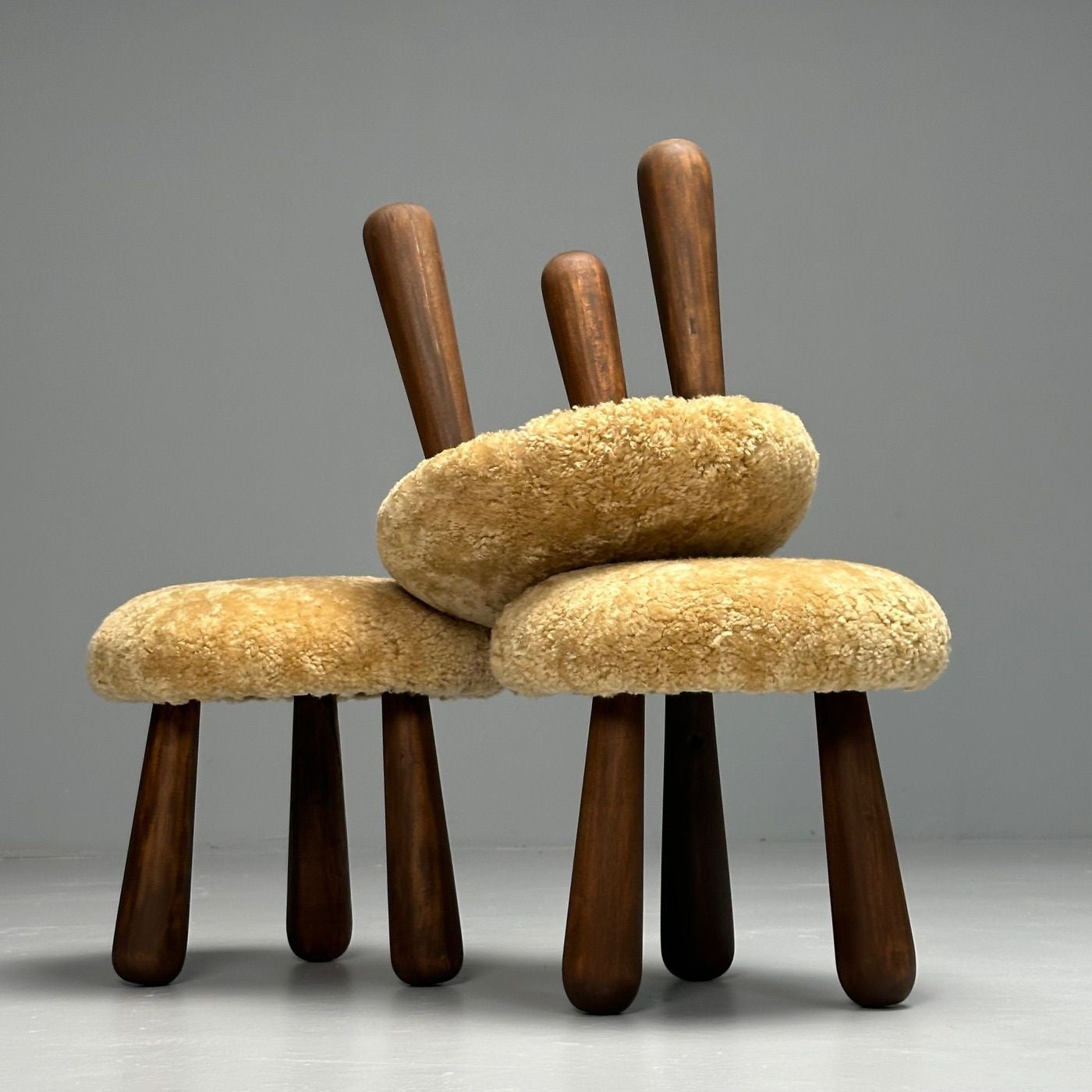 Contemporary, Danish Modern, Sheepskin Stools, Honey Shearling, Maple