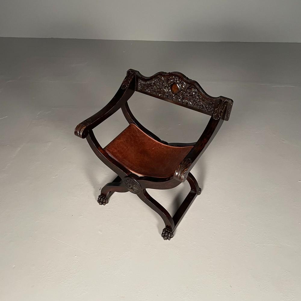 Italian Renaissance Arm / Office Chair, Carved, Leather Seat, 19th Century