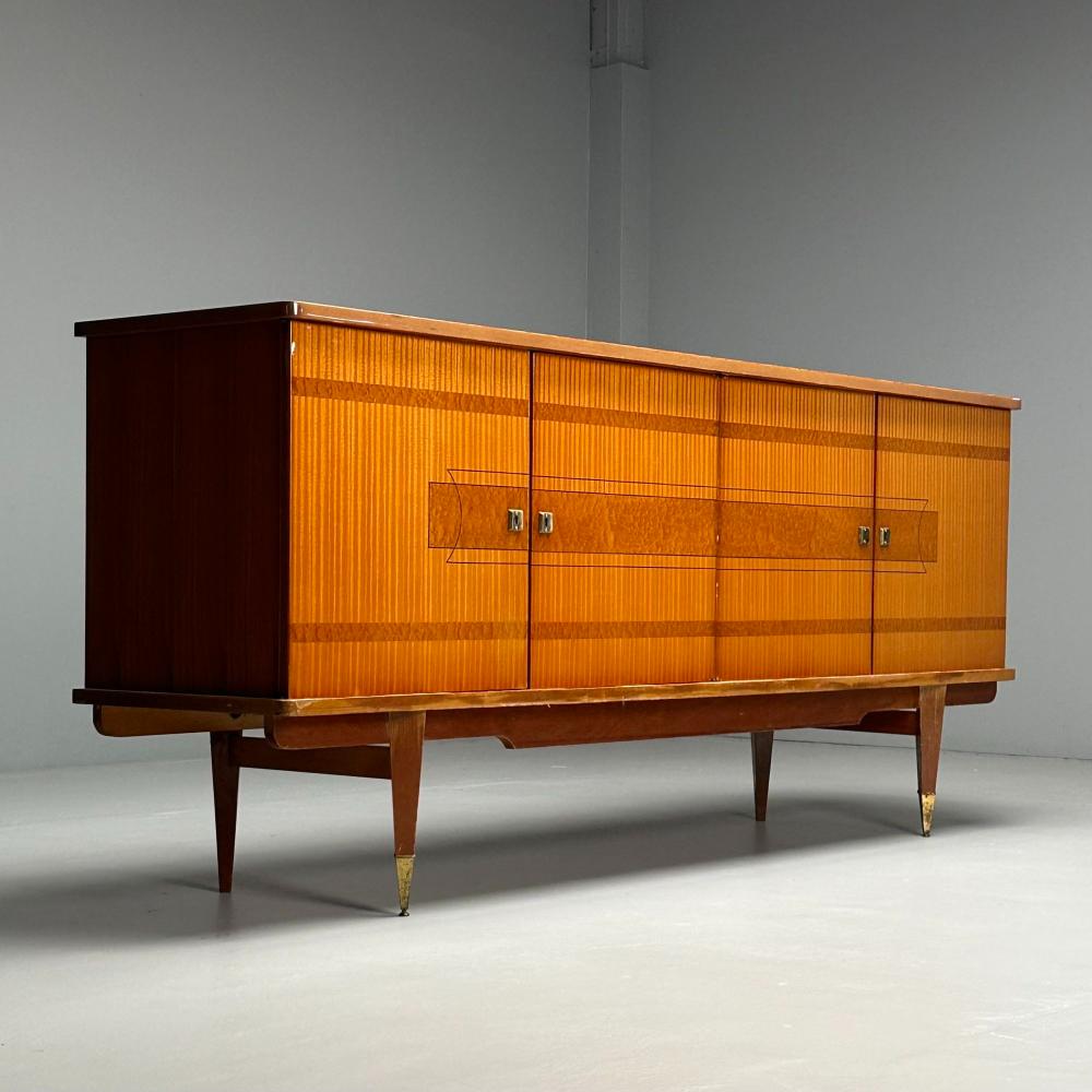 French Mid-Century Modern, Sideboard, Cuban Mahogany, Sycamore, Brass, 1940s