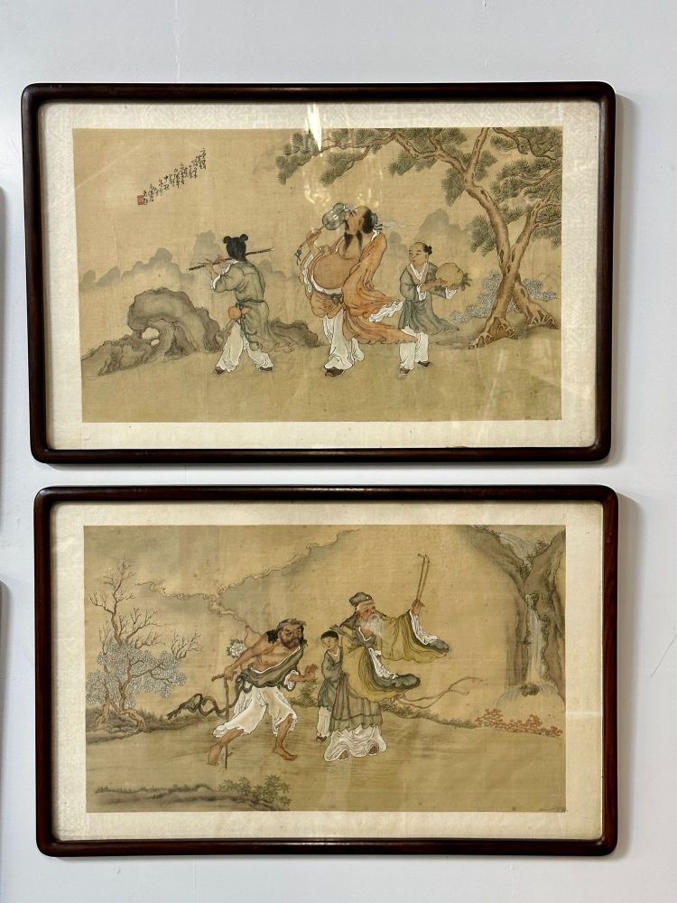 Set of Four Chinese Paintings in Rosewood Frames, Signed, 19th Century