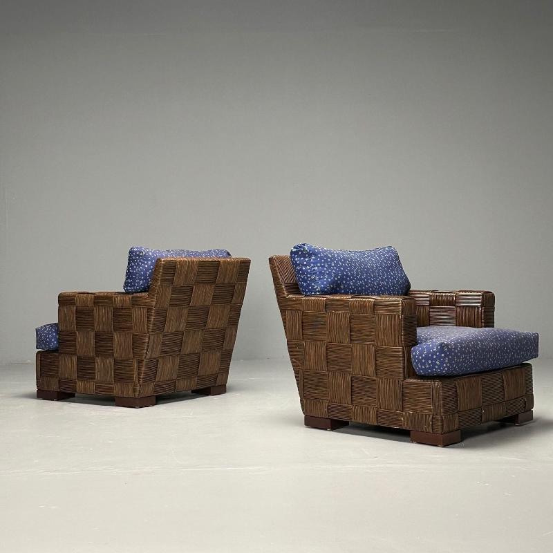 John Hutton, Donghia, Oversized Lounge Chairs, Woven Cane, Mahogany, USA, 1990s