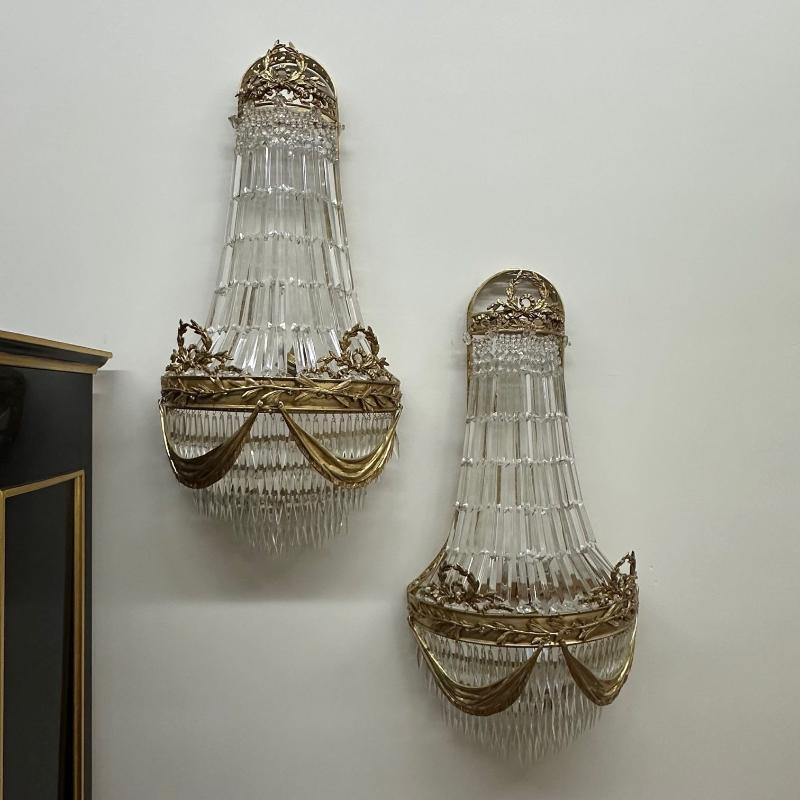 Louis XVI Style, Wall Sconces, Basket Form, Gilt Bronze, Crystal, France, 1940s