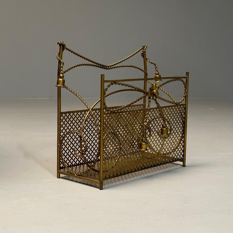 Hollywood Regency Gilt Bronze Magazine Rack, Rope an Tassel Form