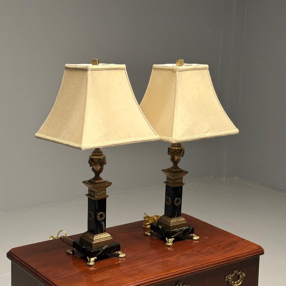 Pair of Hollywood Regency Bronze and Marble Table Lamps, Corinthian Column Form