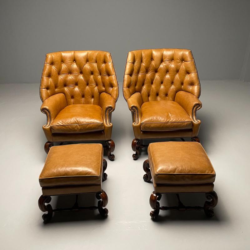 Georgian, Large Tufted Lounge Chairs and Ottomans, Tan Leather, USA, 2000s