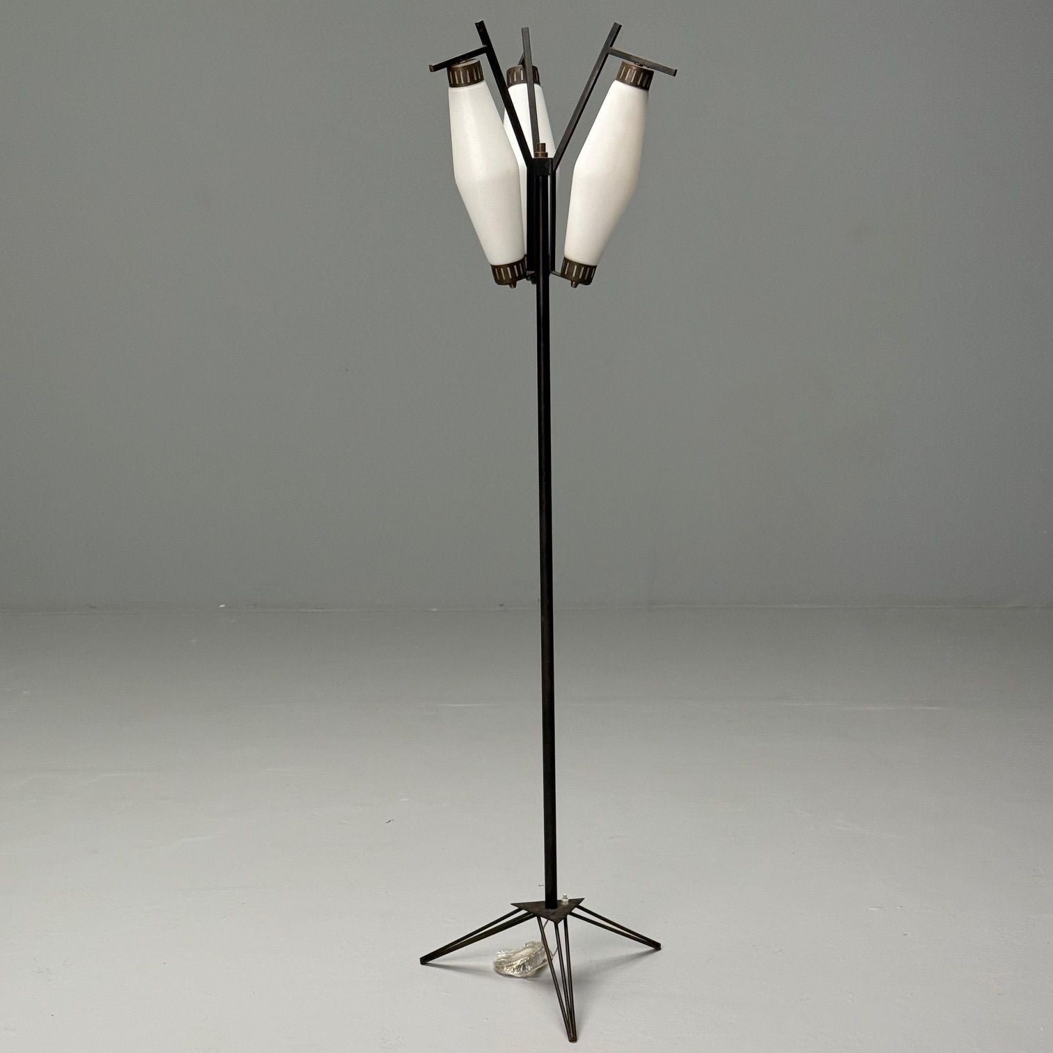 Italian Mid-Century Modern, Standing Floor Lamp, Painted Steel, Brass, Glass