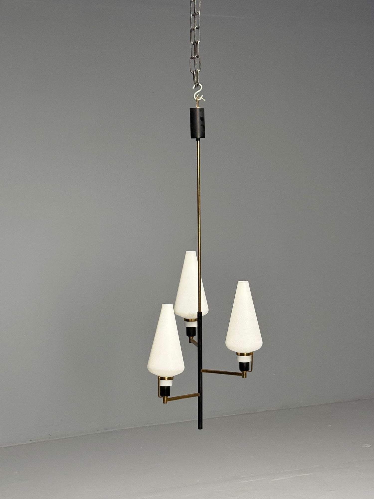 Italian Mid-Century Modern, Ceiling Pendant, Brass, Opaline Glass, Italy, 1950s